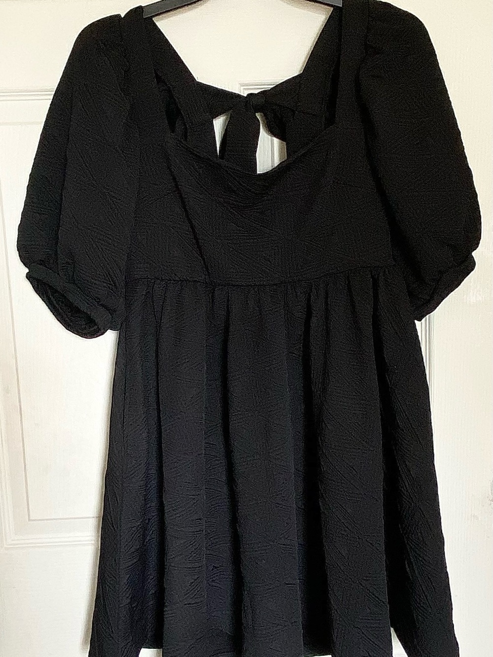Free People Violet Mini Dress Black Textured Fit & Flare Dress with Puff Sleeves - Picture 6 of 6